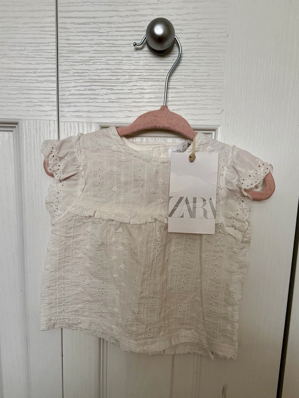 Zara Cream Eyelet Cotton Top with Ruffle Shoulders